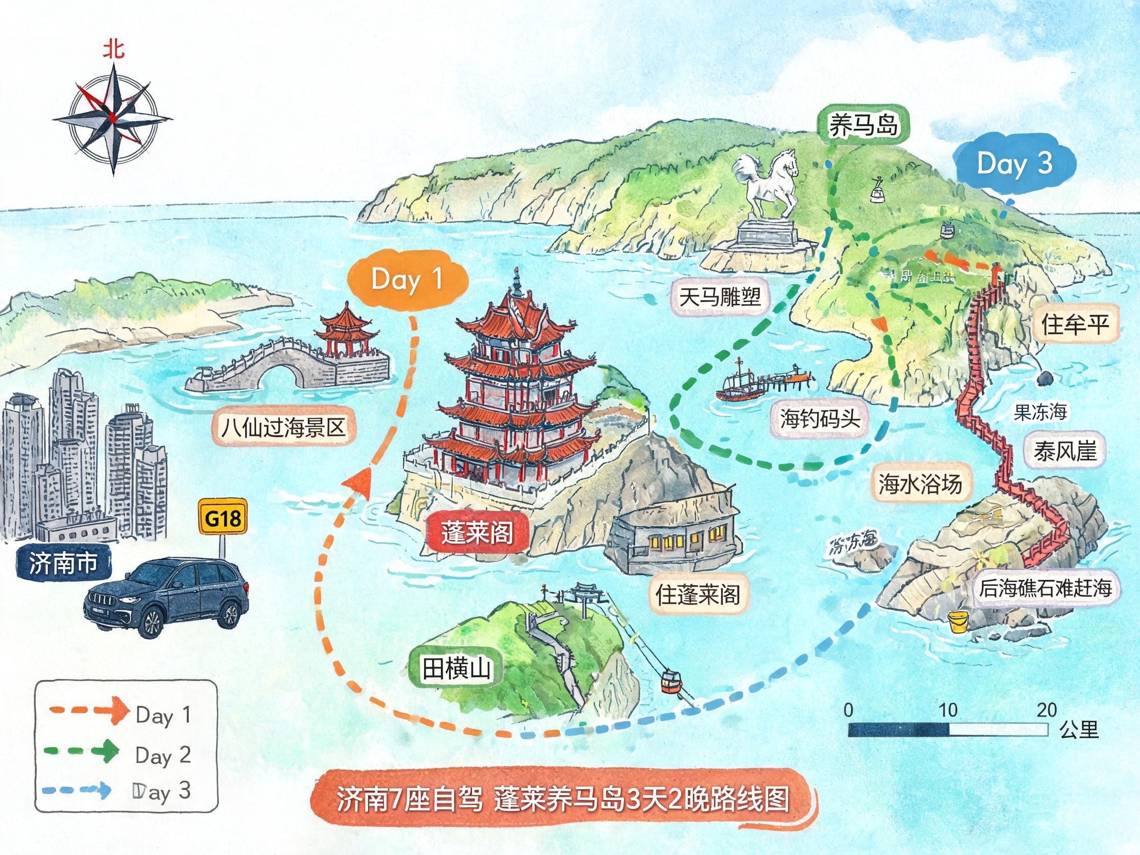 蓬莱养马岛手绘旅游路线地图